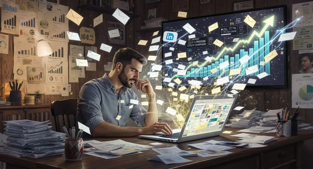 A person at a cluttered desk with a laptop surrounded by floating message and notification icons